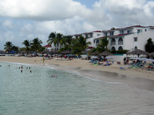 Our beach: the Flamingo Beach Resort and neighboring Pelican Beach Resort